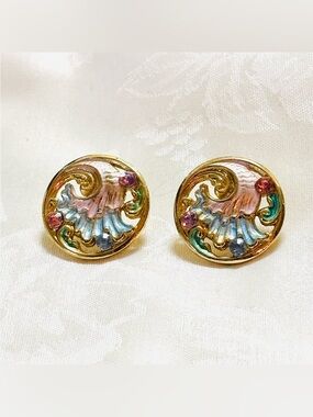 Two Sisters Mermaid Ocean Waves Rhinestone Stud Earrings